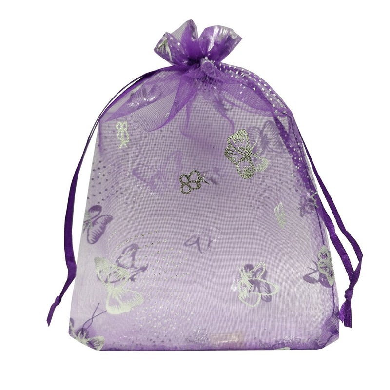 Ankirol 100pcs Sheer Organza Favor Bags Purple Butterfly Print For Wedding Gift Bags Samples Display Drawstring Pouches (5x7) - Image 1